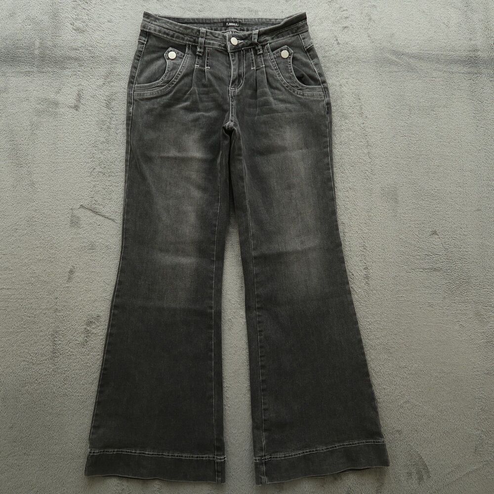 FLAMINGALS Jeans Women's Size S Gray Low-Rise Pleated Flare Denim 31" Inseam
